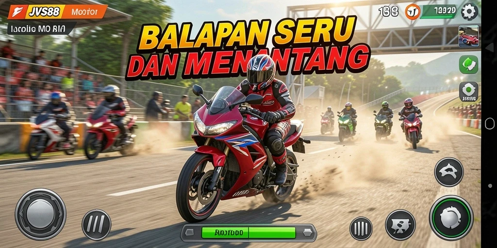 Tangkapan layar menunjukkan aksi balapan motor yang seru.