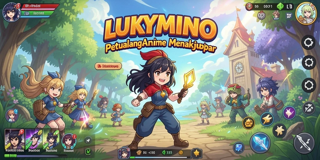 Tampilan gameplay seru dari LUKYMINO dengan karakter anime yang menarik.
