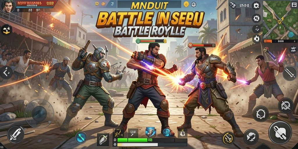 Tangkapan layar gameplay MNDUIT yang menunjukkan aksi seru Battle Royale.