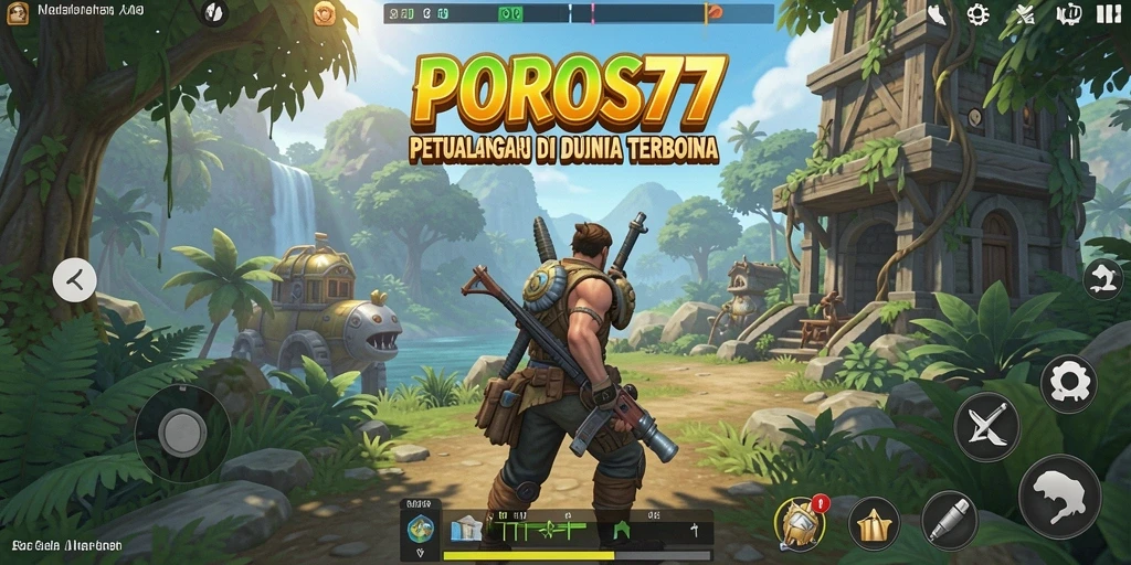 Screenshot gameplay POROS77 menampilkan eksplorasi dunia terbuka yang luas.